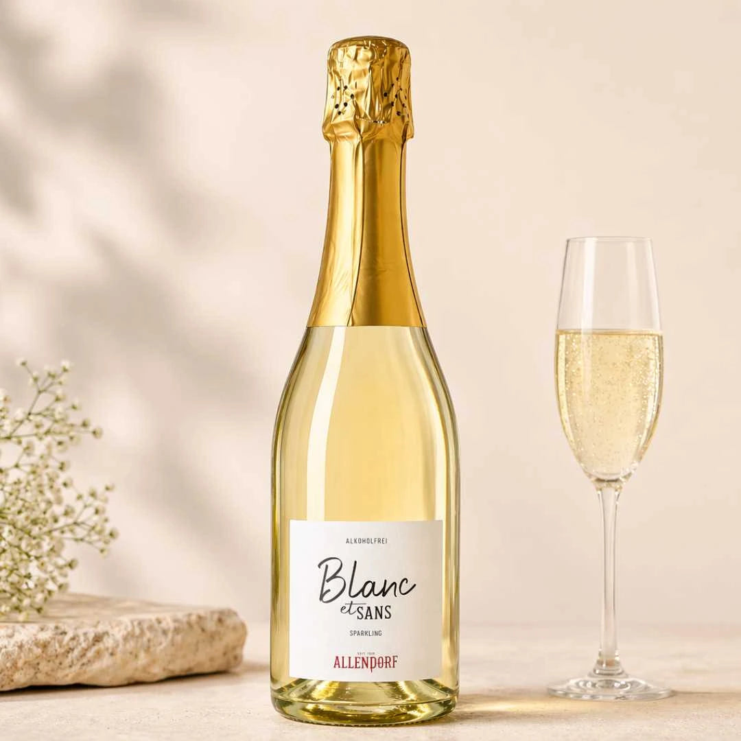 Allendorf Blanc et Sans alkoholfreier Sekt im Glas und Flasche stilvoll serviert