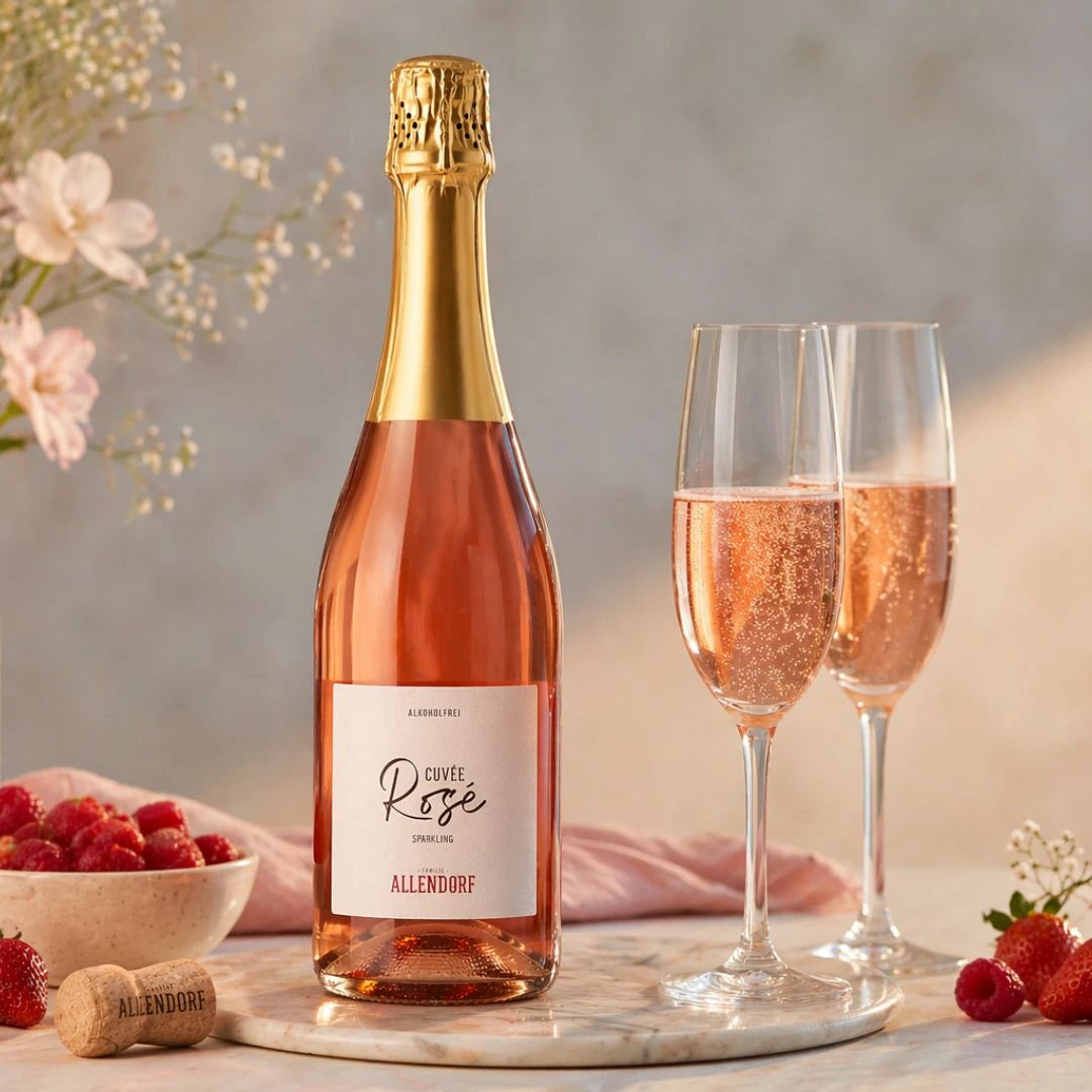 Allendorf Cuvée Rosé Sparkling alkoholfreier Sekt mit Gläsern und Erdbeeren serviert