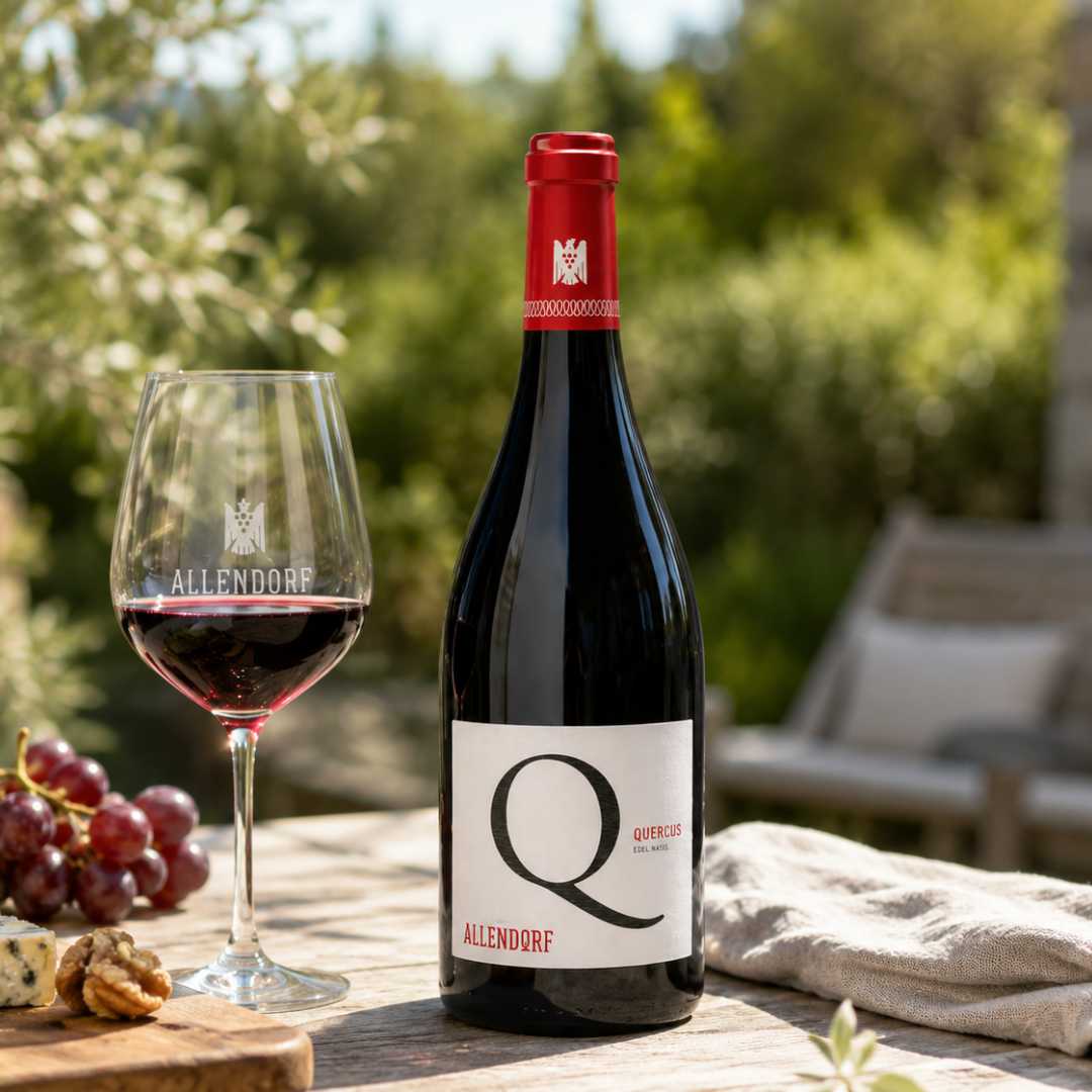 Allendorf Quercus Rouge alkoholfreier Rotwein auf sonniger Terrasse mit Rotweinglas, Trauben und Käseplatte.