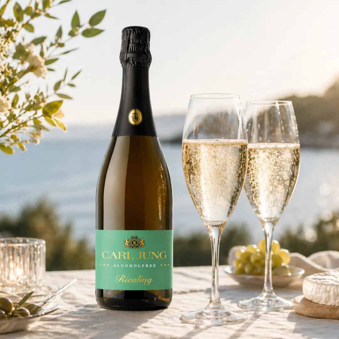 Alkoholfreier Riesling von Carl Jung in Sektgläsern mit feiner Perlage perfekter Aperitif bei Sonnenuntergang
