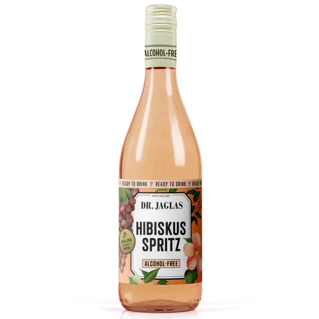 Flasche Dr. Jaglas Hibiskus Spritz alkoholfrei – Ready to Drink Aperitif mit entalkoholisiertem Riesling in 750 ml Glasflasche