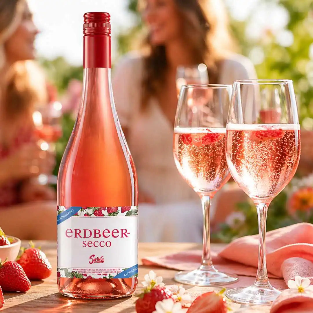 Erdbeer Secco Swing alkoholfrei als fruchtiger Sommer Aperitif mit frischen Erdbeeren