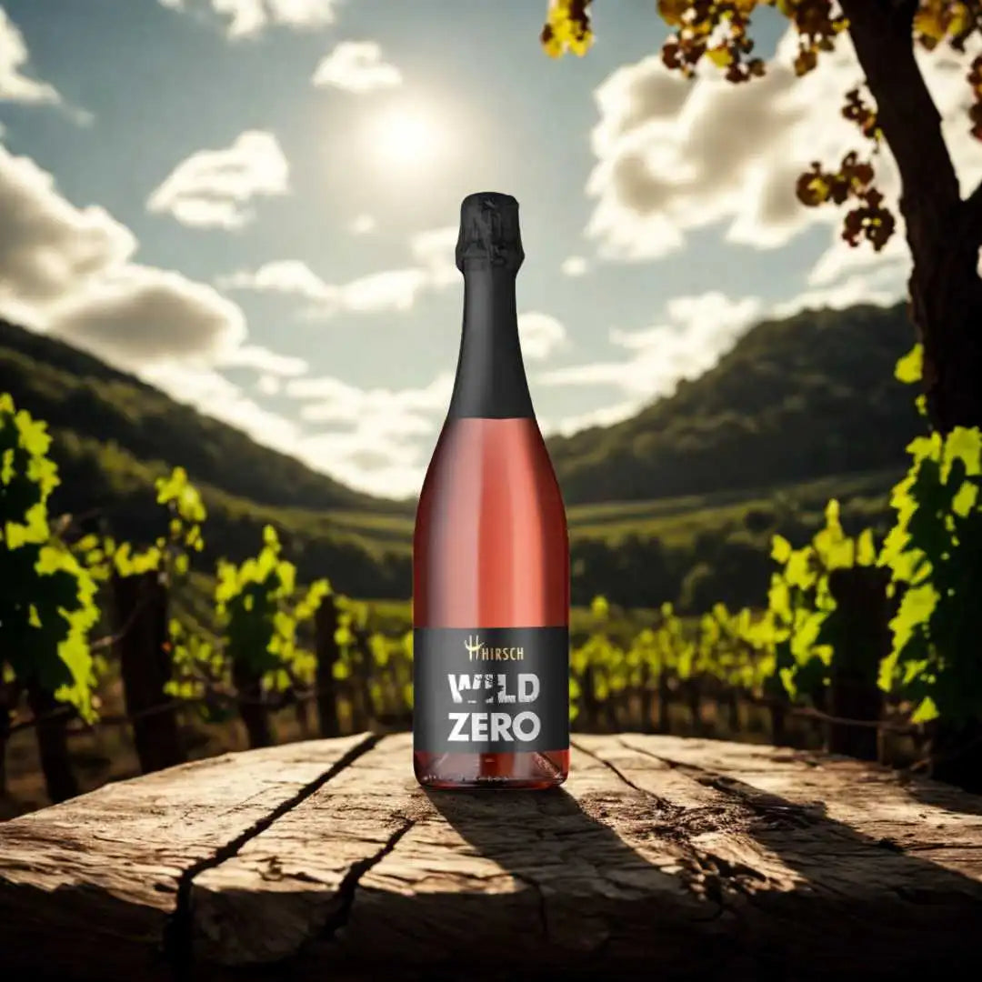 Alkoholfreier Rosé-Sekt Hirsch Wild Zero auf Holztisch im Weinberg bei Sonnenlicht, natürliche Landschaft im Hintergrund.