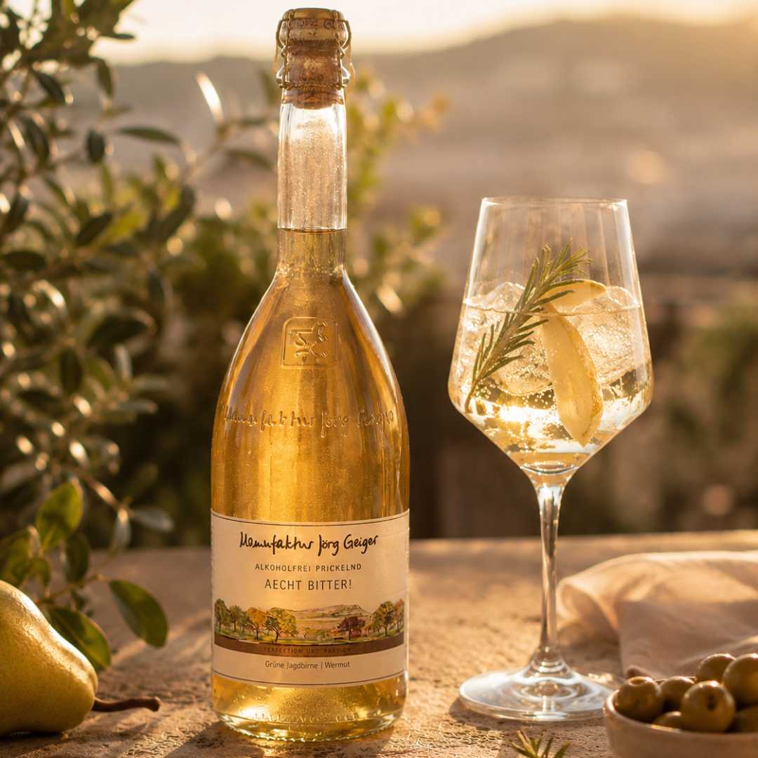 Manufaktur Jörg Geiger Aecht Bitter alkoholfrei als mediterranes Emotionsbild mit Aperitifglas, Birne und sommerlicher Abendstimmung