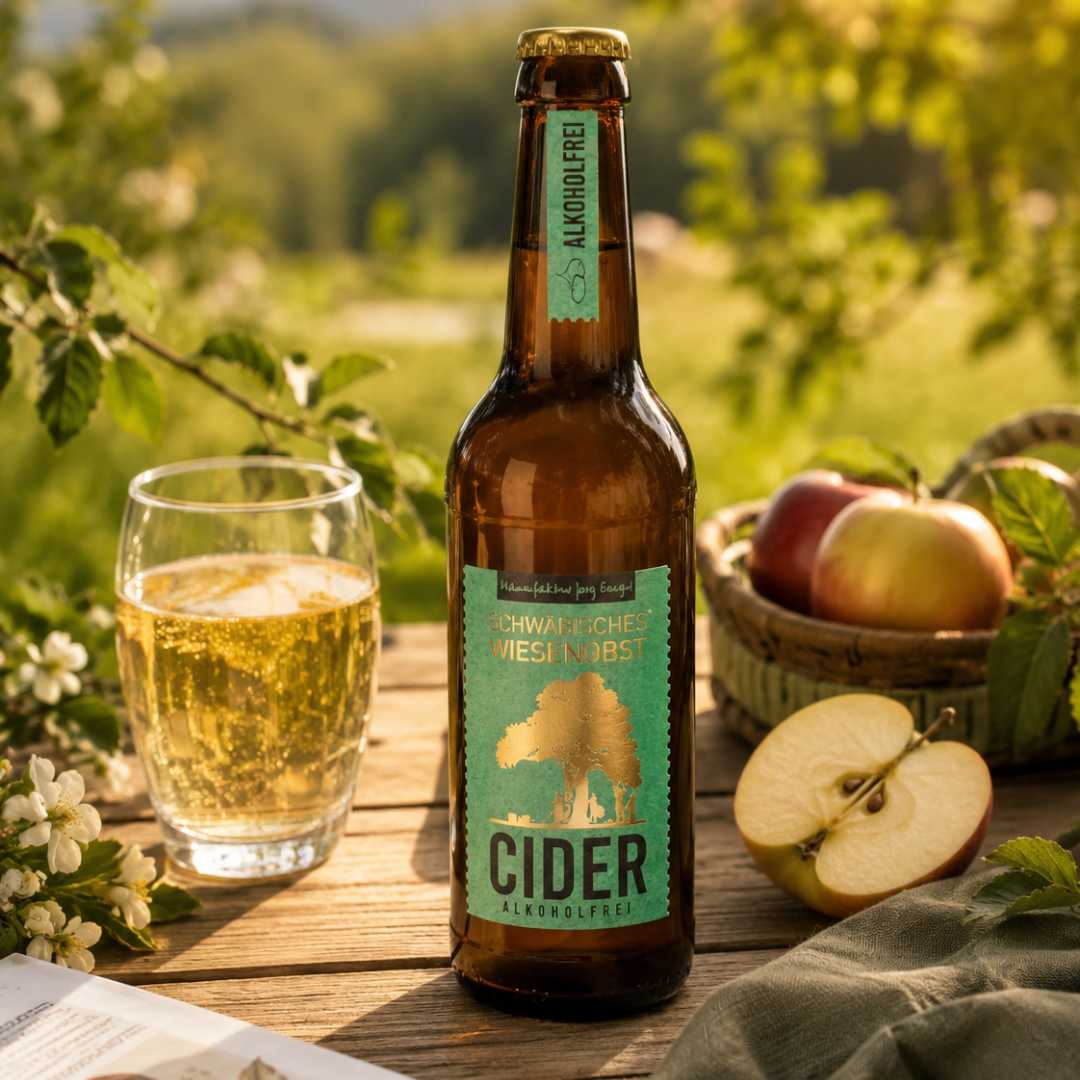 Jörg Geiger alkoholfreier Cider als natürliches Emotionsbild mit Apfelkorb, Ciderglas und sommerlicher Streuobstwiesen-Stimmung