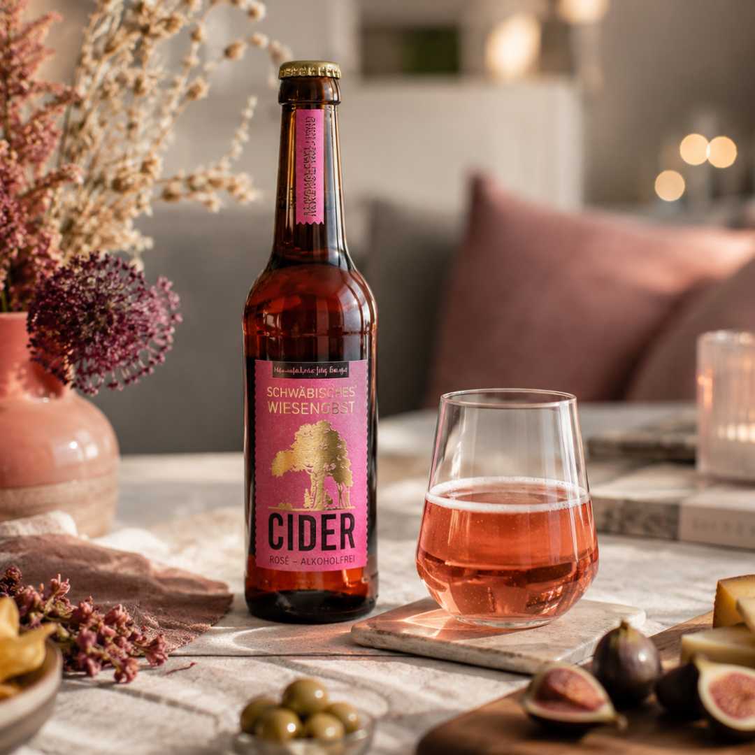 Jörg Geiger Cider Rosé alkoholfrei als gemütliches Emotionsbild mit Rosé-Ciderglas, Feigen und stilvoller Wohnzimmer-Atmosphäre