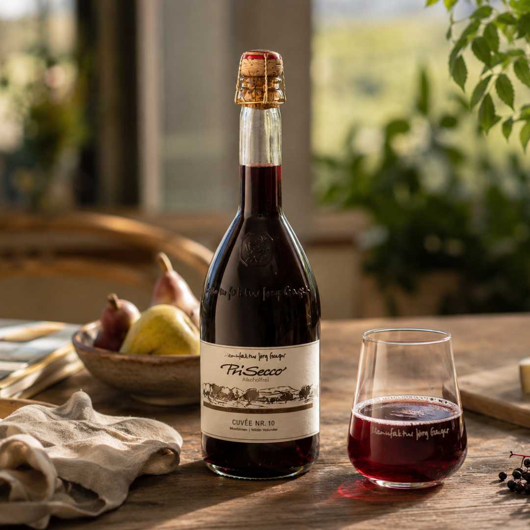 Manufaktur Jörg Geiger Cuvée Nr. 10 alkoholfrei als natürliches Emotionsbild mit rotem Getränk, Holztisch und gemütlicher Wohnküchen-Atmosphäre