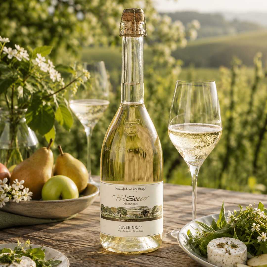 Manufaktur Jörg Geiger Cuvée Nr. 11 alkoholfrei als sommerliches Emotionsbild mit prickelndem Glas, Birnen und mediterraner Gartenatmosphäre