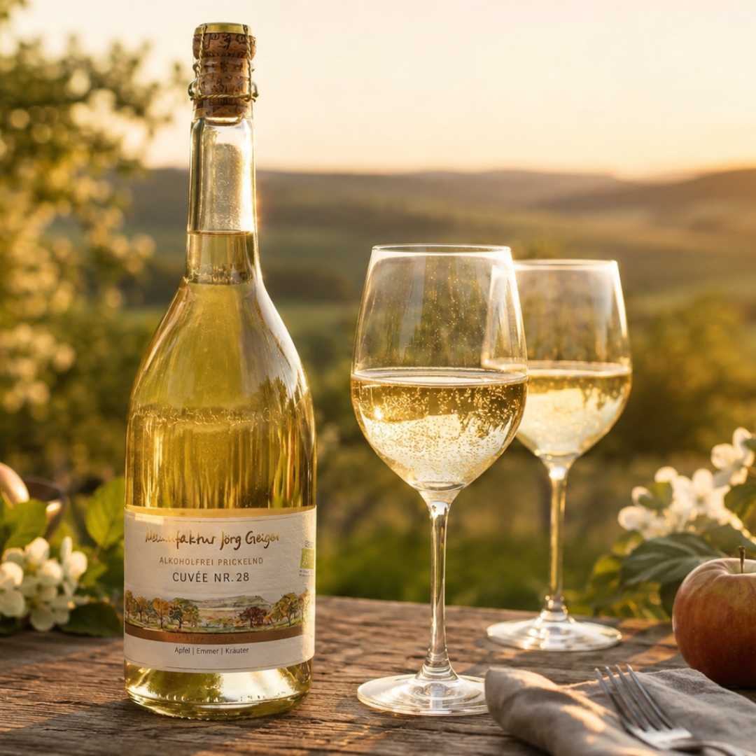Manufaktur Jörg Geiger Cuvée Nr. 28 alkoholfrei als stilvolles Emotionsbild mit Gläsern und Äpfeln bei Sonnenuntergang