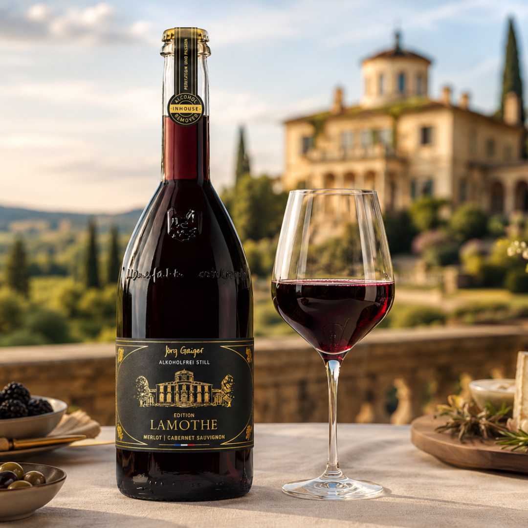 Eleganter alkoholfreier Rotwein von Jörg Geiger in stilvoller mediterraner Umgebung