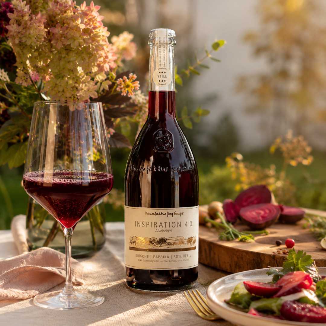 Manufaktur Jörg Geiger Inspiration 4.0 alkoholfrei als stilvolles Emotionsbild mit roten Beeren, Rotweinglas und sommerlicher Abendstimmung