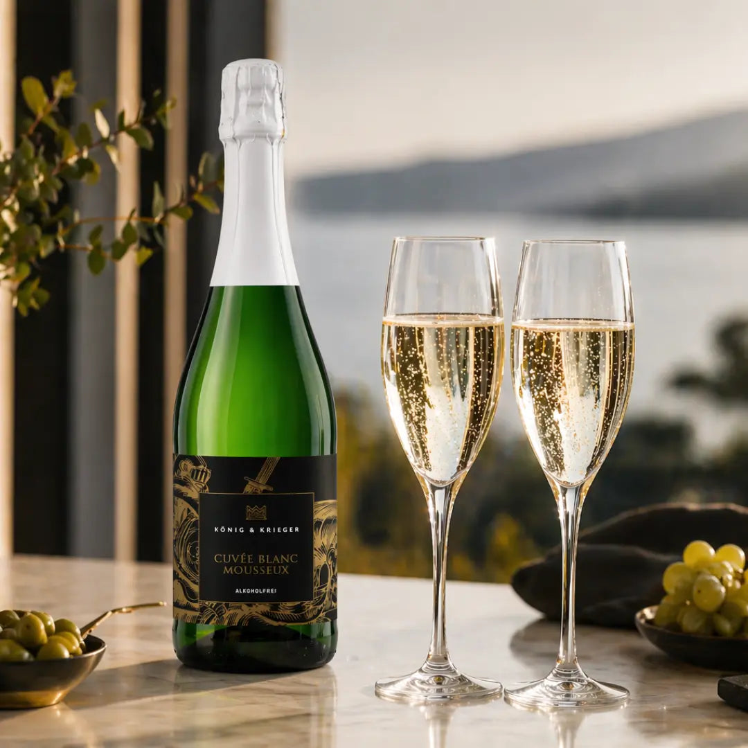 Alkoholfreier Sekt von König & Krieger in Sektgläsern mit feiner Perlage. Ein eleganter Aperitif Moment