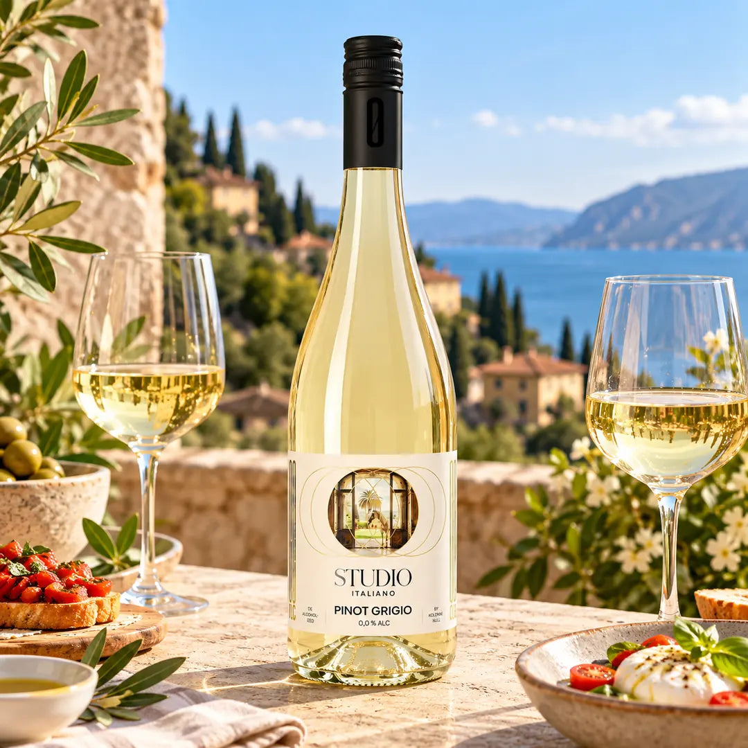 Kolonne Null Pinot Grigio Studio Italiano alkoholfrei mit zwei gefüllten Weißweingläsern und mediterranen Speisen auf einer sonnigen Terrasse am See.