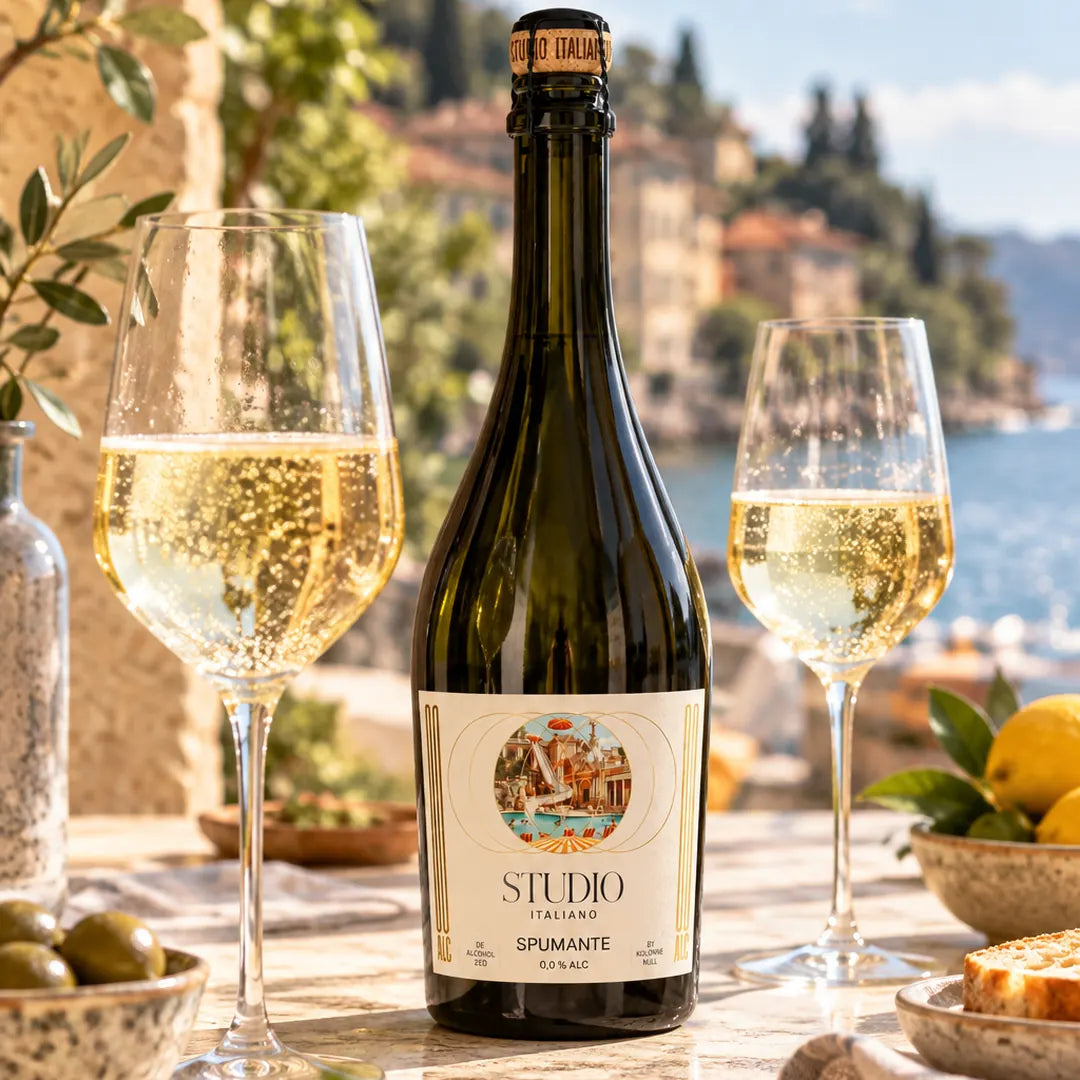 Kolonne Null Spumante Studio Italiano alkoholfrei mit zwei gefüllten Sektgläsern auf einer sonnigen italienischen Terrasse am Meer.