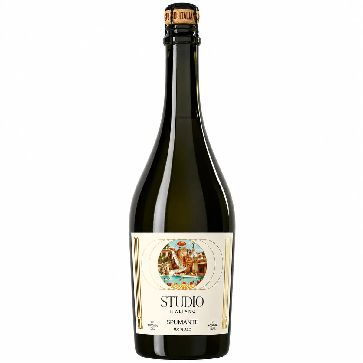 Kolonne Null Spumante Studio Italiano – alkoholfreier Sekt 0,0 % in der 750-ml-Flasche mit italienischem Etikett.