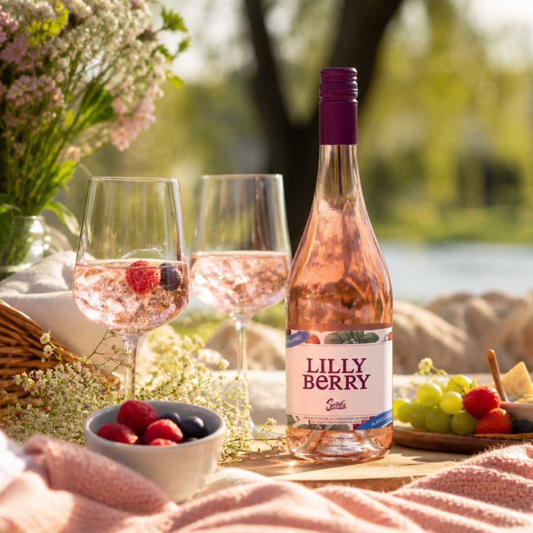 Lilly Berry alkoholfreier Secco bei Picknick mit Beeren und Weingläsern in sommerlicher Atmosphäre