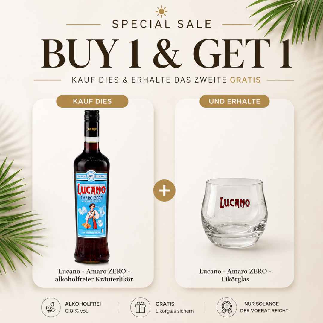 Lucano Amaro ZERO alkoholfreier Kräuterlikör mit kostenlosem Lucano Likörglas im Buy 1 & Get 1 Special Sale.