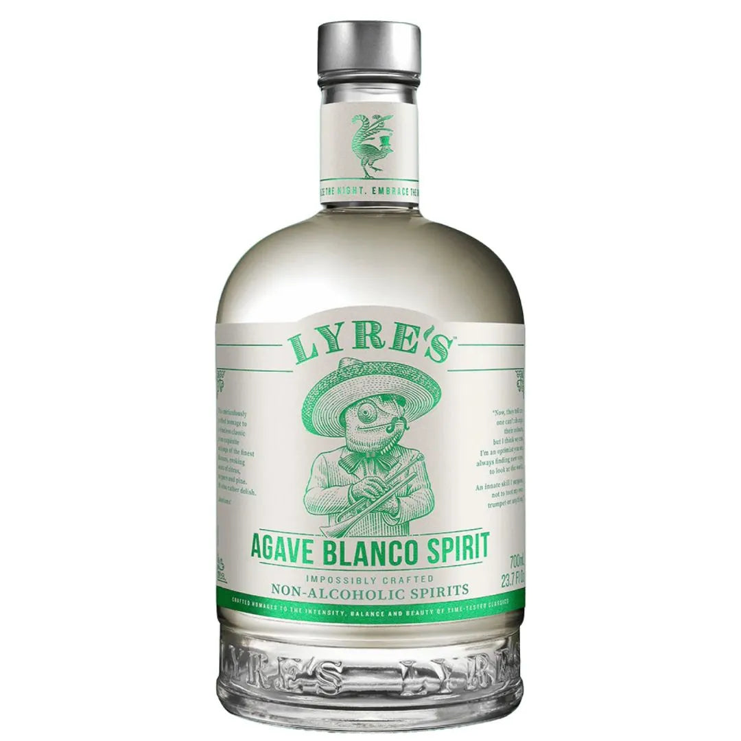 Lyre's Agave Blanco Spirit, alkoholfreie Tequila-Alternative in einer 700-ml-Flasche mit grünem Etikett und mexikanischem Design