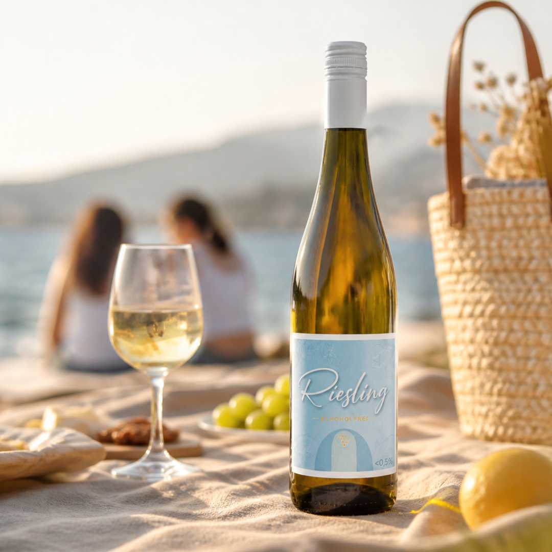 Alkoholfreier Riesling beim sommerlichen Picknick am Wasser mit Glas und Trauben