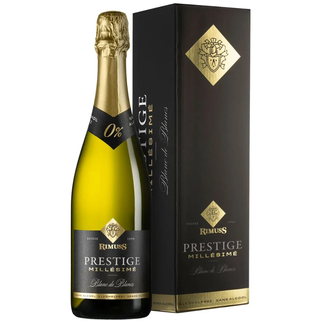Rimuss Prestige Millésimé Blanc de Blancs alkoholfrei mit Geschenkbox – eleganter alkoholfreier Jahrgangs-Schaumwein.