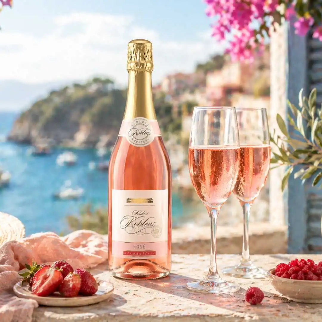 Drathen Rosé Sekt alkoholfrei in stilvollem Setting mit Gläsern ,prickelnder Genuss ohne Alkohol