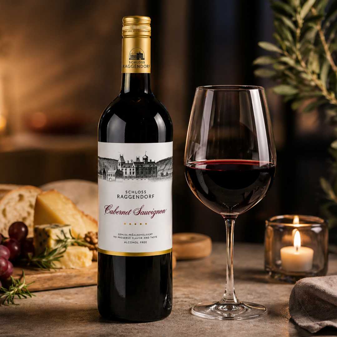 Alkoholfreier Cabernet Sauvignon von Schloss Raggendorf im Glas mit Trauben und Kerzenlicht in gemütlicher Atmosphäre