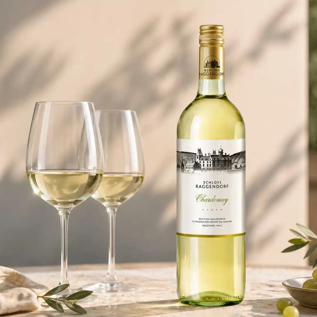 Alkoholfreier Chardonnay von Schloss Raggendorf im Glas serviert mit Trauben in heller sommerlicher Atmosphäre