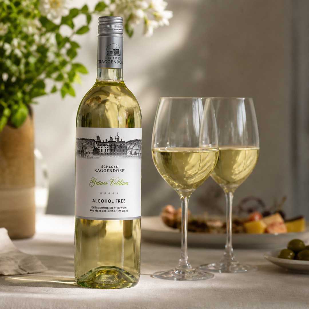 Alkoholfreier Grüner Veltliner von Schloss Raggendorf mit Weingläsern in entspannter Atmosphäre