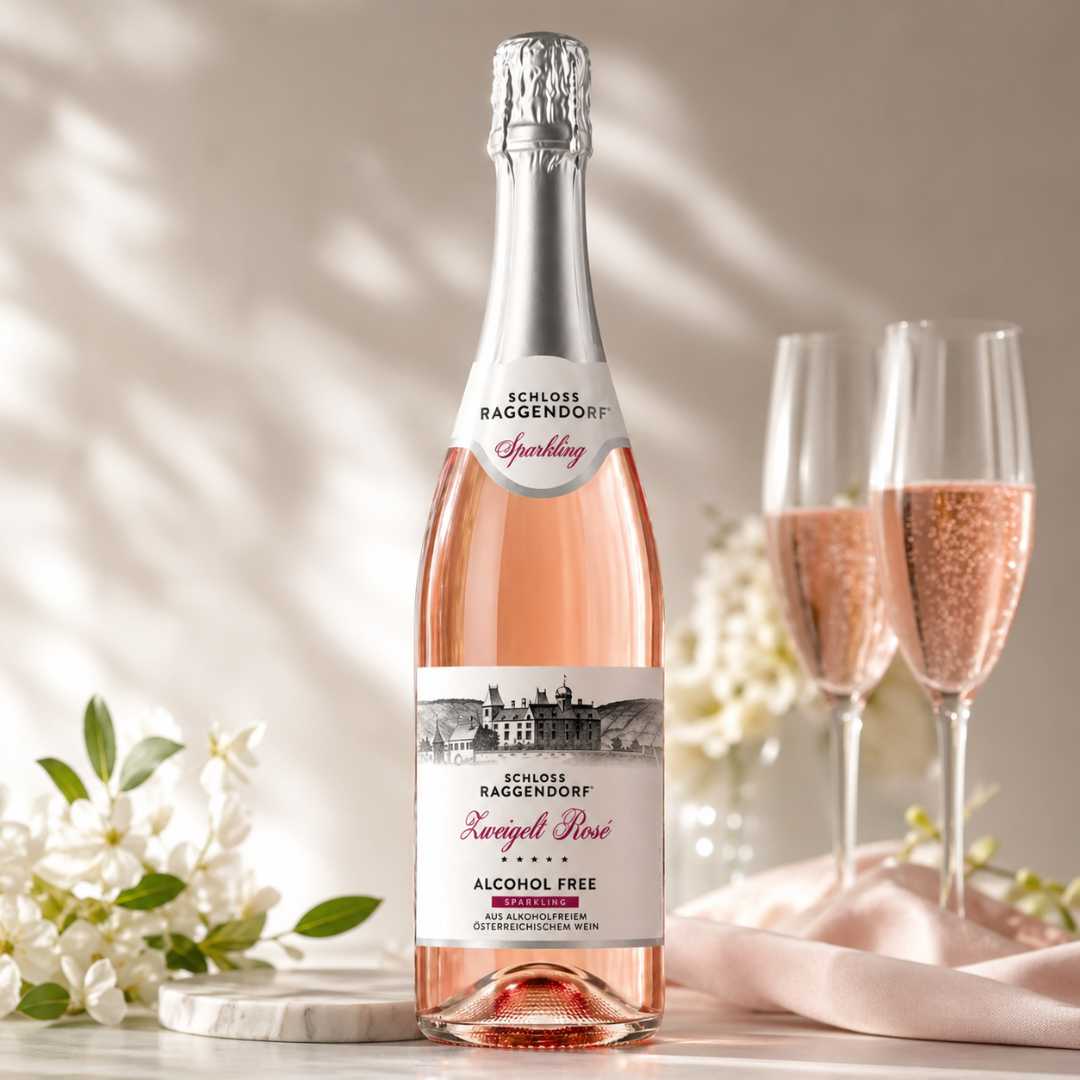 Alkoholfreier Rosé Sekt im Glas mit Schloss Raggendorf Flasche – prickelnder Genuss in stilvoller Atmosphäre