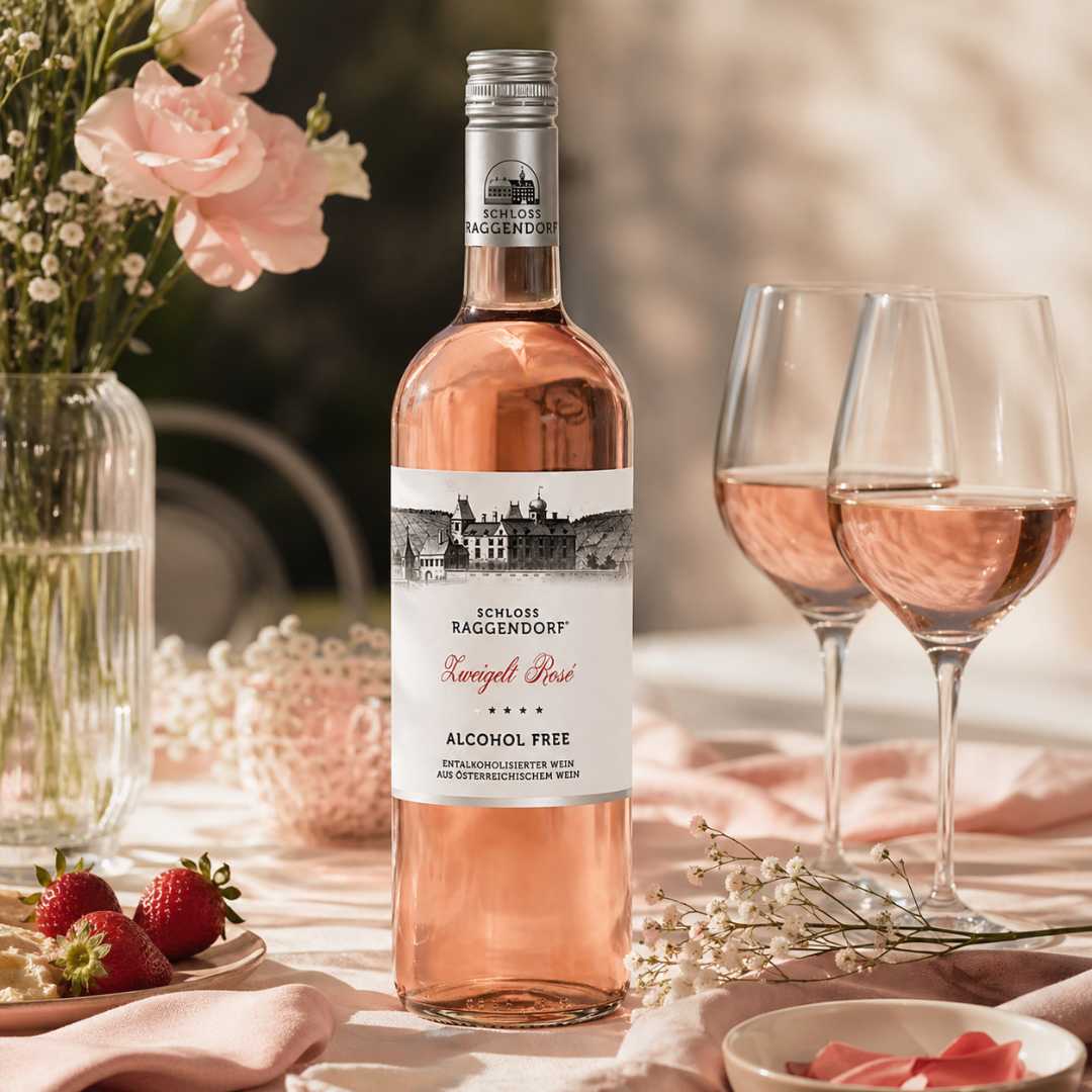 Alkoholfreier Rosé Wein im Glas mit Schloss Raggendorf Flasche, Erdbeeren und sommerlicher Tischszene