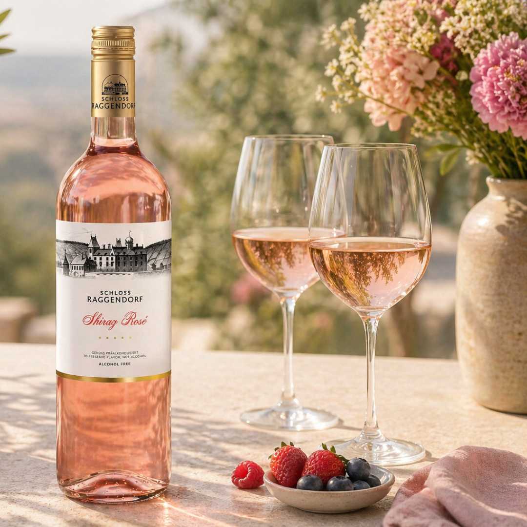 Alkoholfreier Shiraz Rosé von Schloss Raggendorf im Glas mit Beeren in heller sommerlicher Atmosphäre