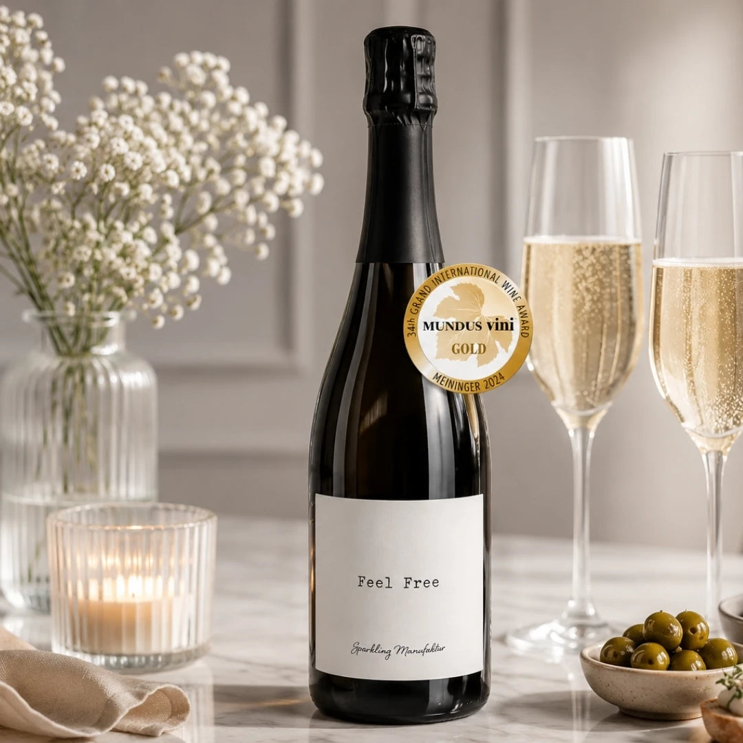 SektManufaktur Feel Free alkoholfreier Sekt mit Sektgläsern