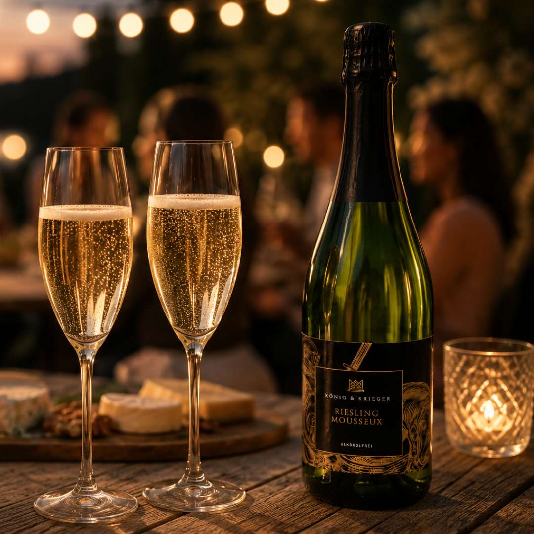 Alkoholfreier Riesling Sekt in zwei perlenden Gläsern bei stimmungsvoller Abendatmosphäre