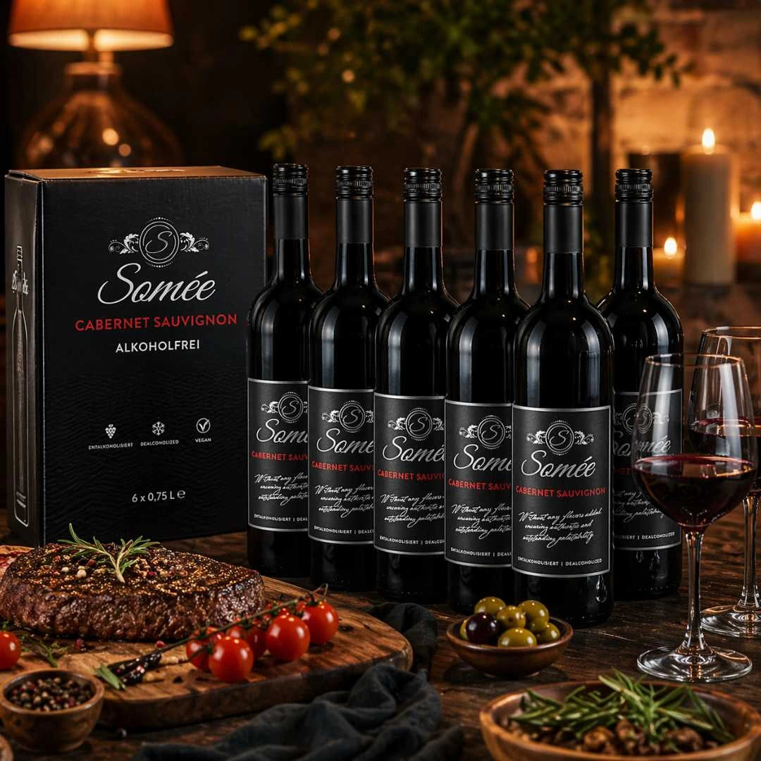 Somée Cabernet Sauvignon alkoholfrei 6er Paket als Rotwein Alternative mit gefülltem Glas und herzhaften Speisen