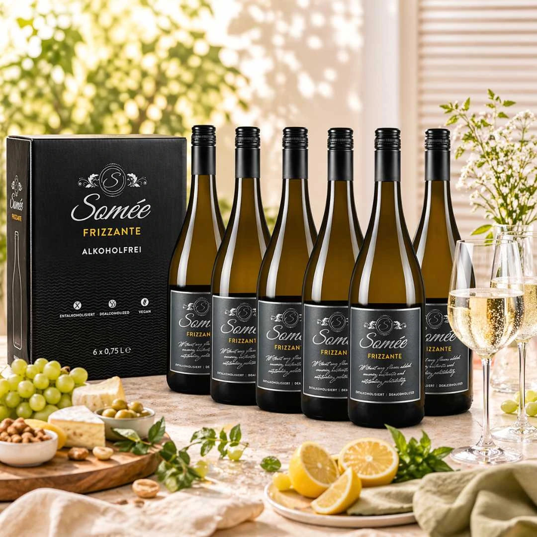 Somée Frizzante alkoholfrei 6er Paket als prickelnder Aperitif mit Sektgläsern, Zitrone und Snacks