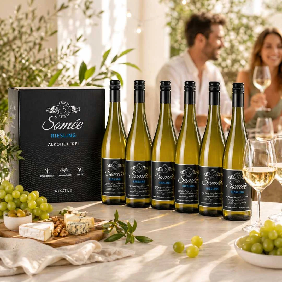 Somée Riesling alkoholfrei 6er Paket als Aperitif mit Weißwein im Glas und Snacks