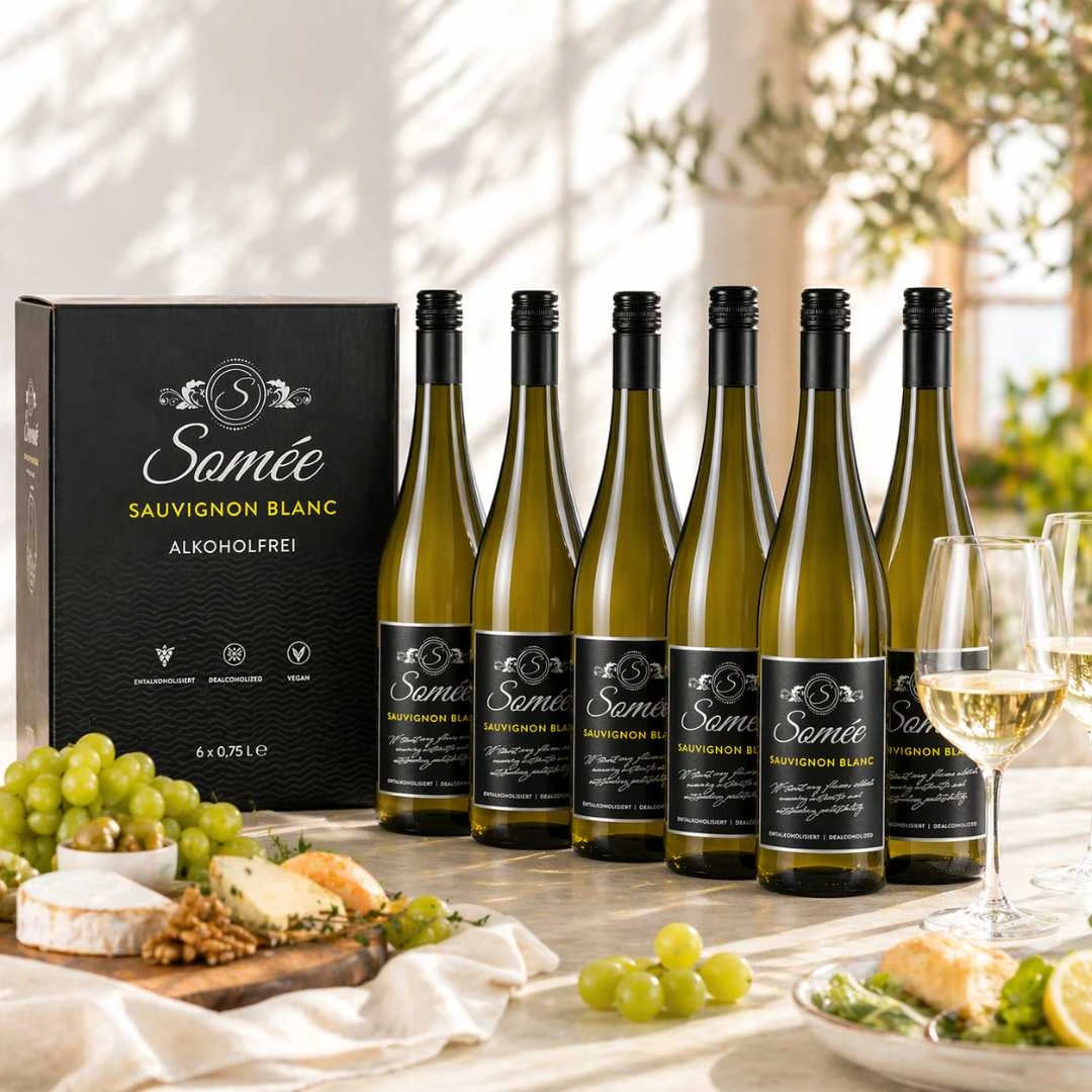 Somée Sauvignon Blanc alkoholfrei 6er Paket mit Weißwein im Glas und Snacks als Aperitif