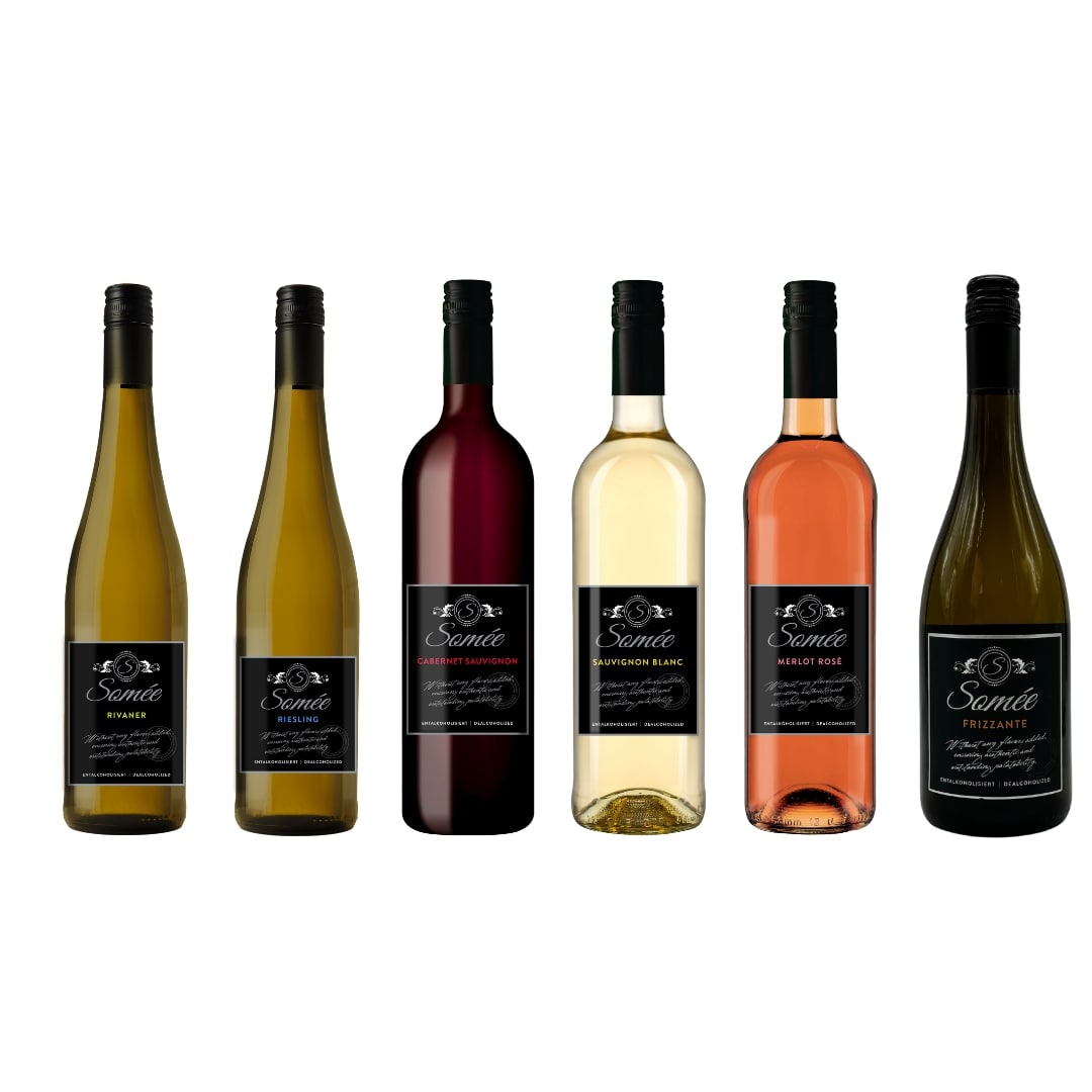 Somée alkoholfreie Weinauswahl: Rivaner, Riesling, Cabernet Sauvignon, Sauvignon Blanc, Merlot Rosé und Frizzante.