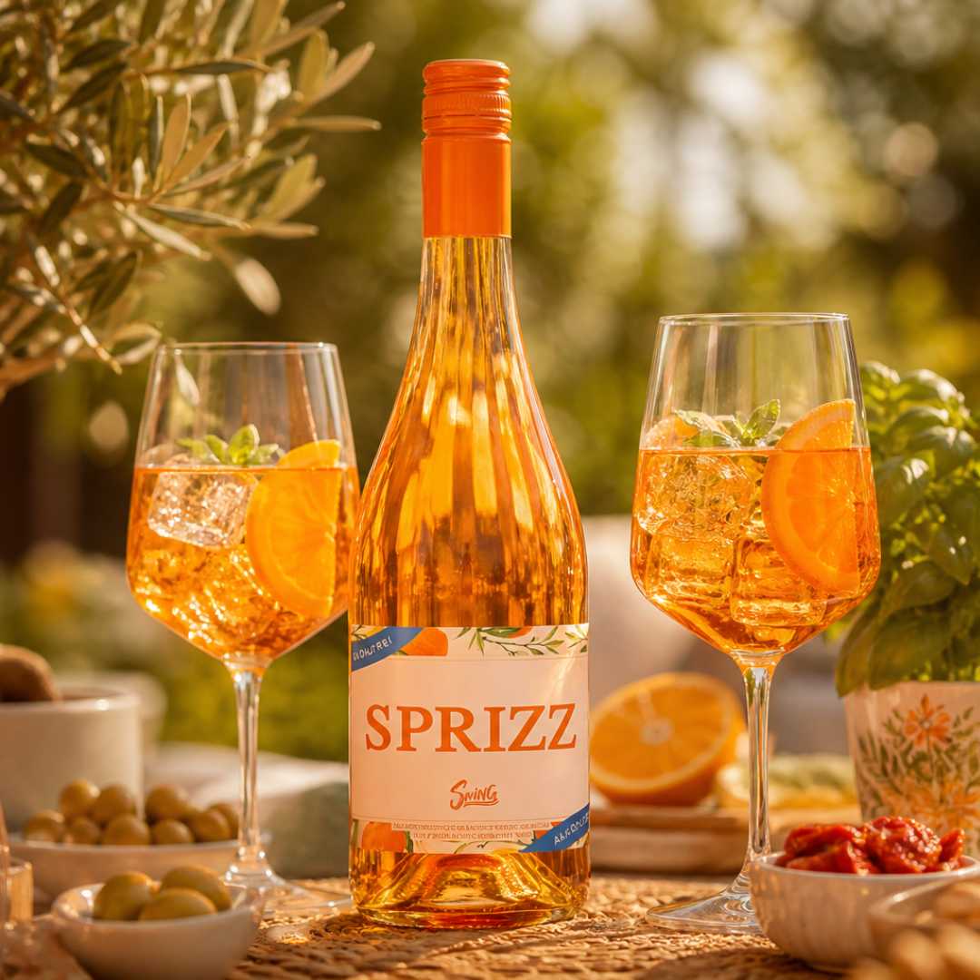 Alkoholfreier Sprizz Secco als Aperitif mit Orangenscheiben und Eis in sommerlicher Terrassenatmosphäre