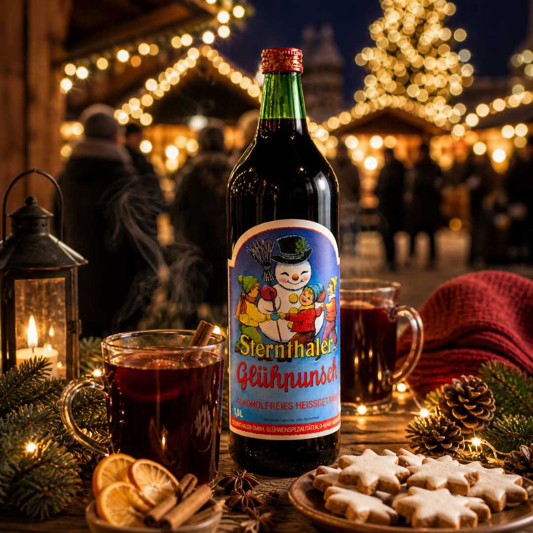 Sternthaler Glühpunsch alkoholfrei mit Tasse und Gewürzen auf Weihnachtsmarkt in winterlicher Atmosphäre
