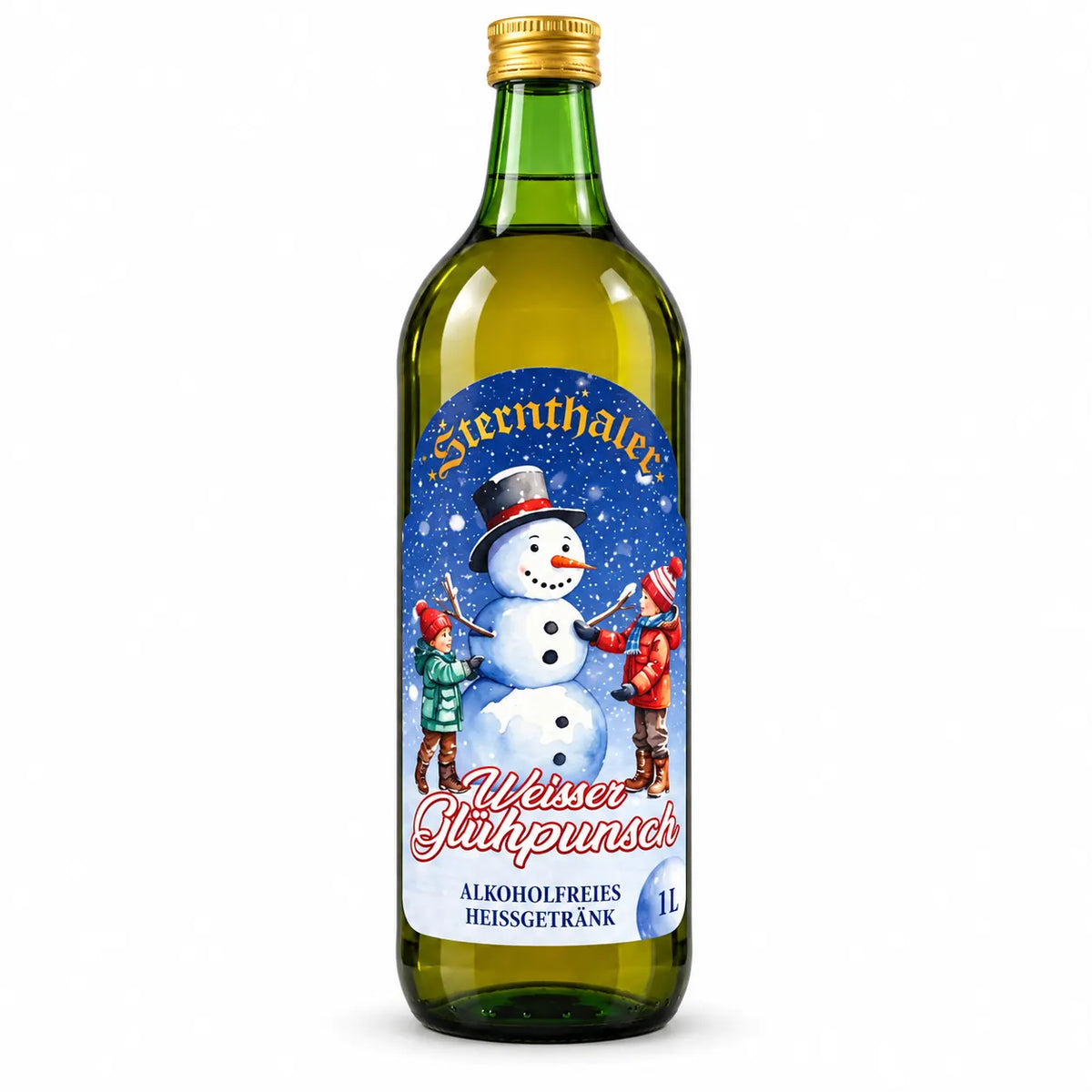 Sternthaler weißer Glühpunsch alkoholfrei in der 1-Liter-Flasche auf weißem Hintergrund.