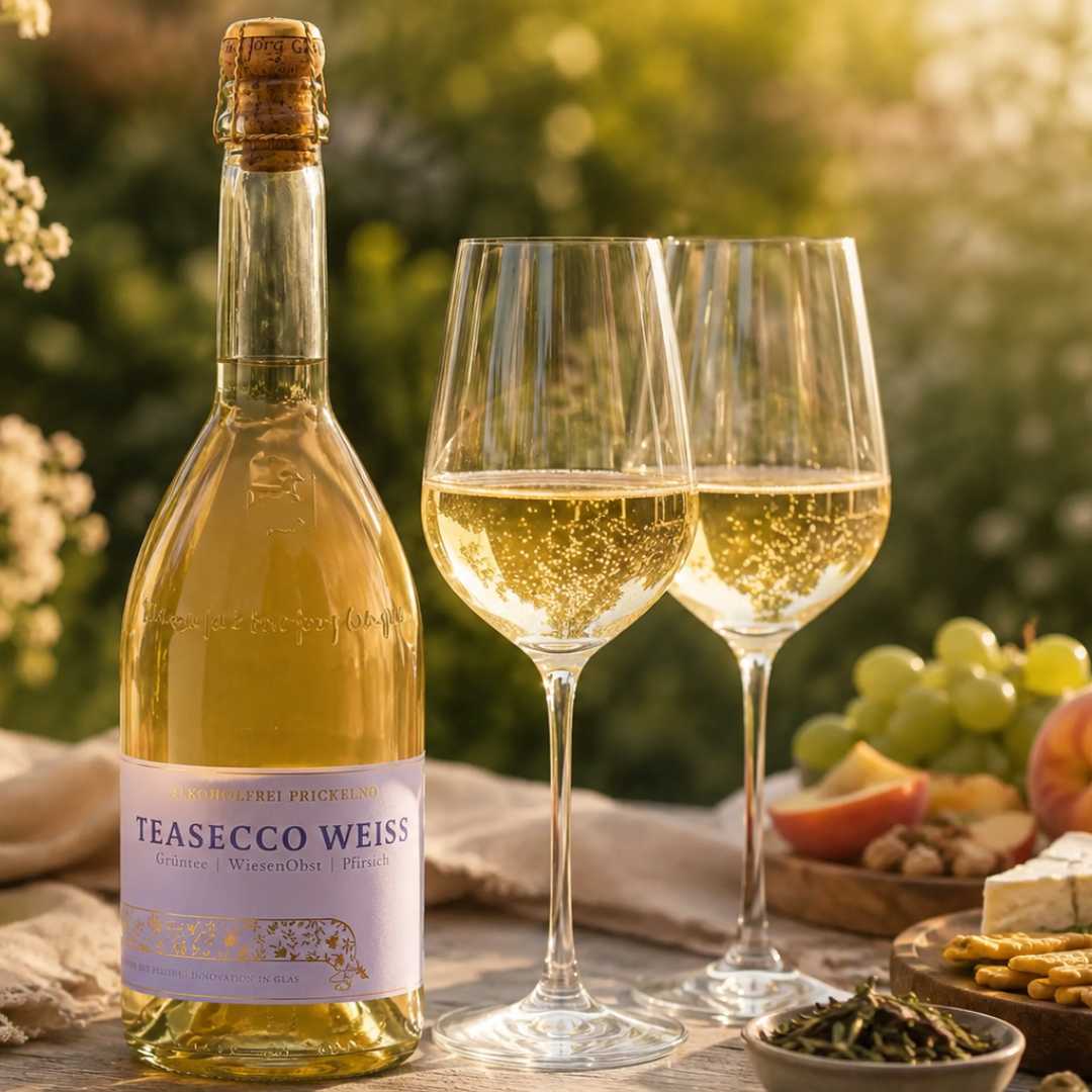 Jörg Geiger Teasecco Weiss alkoholfrei als sommerliches Emotionsbild mit prickelnden Gläsern, Trauben und entspannter Gartenstimmung