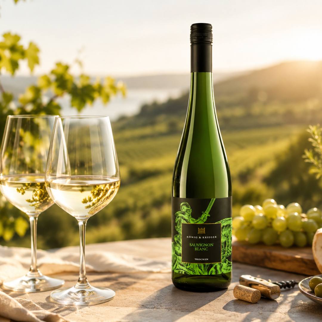 Alkoholfreier Sauvignon Blanc von König & Krieger auf sommerlicher Terrasse mit Weißweingläsern, Trauben und Käse, stilvoller alkoholfreier Weißwein für Genussmomente.