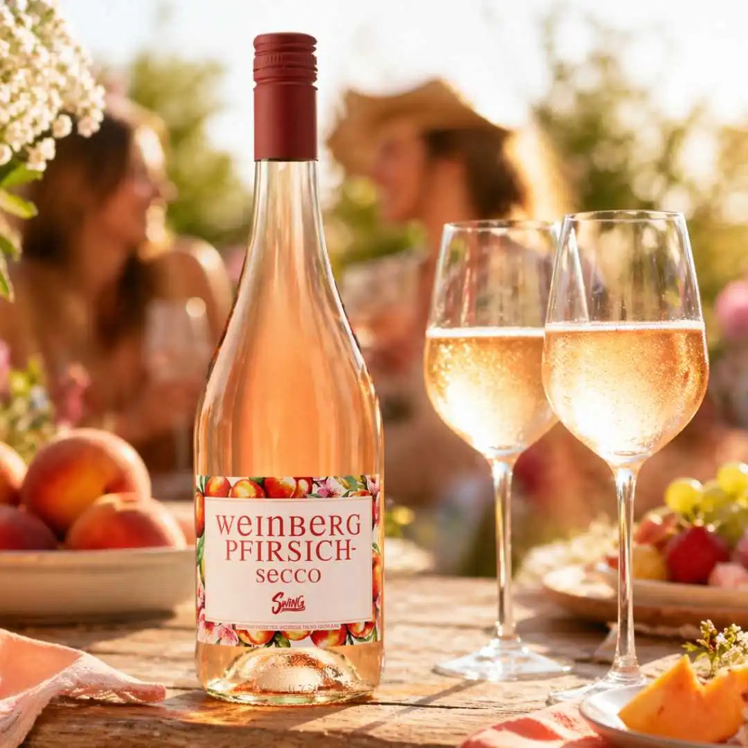 Weinberg Pfirsich Secco Swing alkoholfrei als Sommergetränk mit Pfirsichen und Sektgläsern