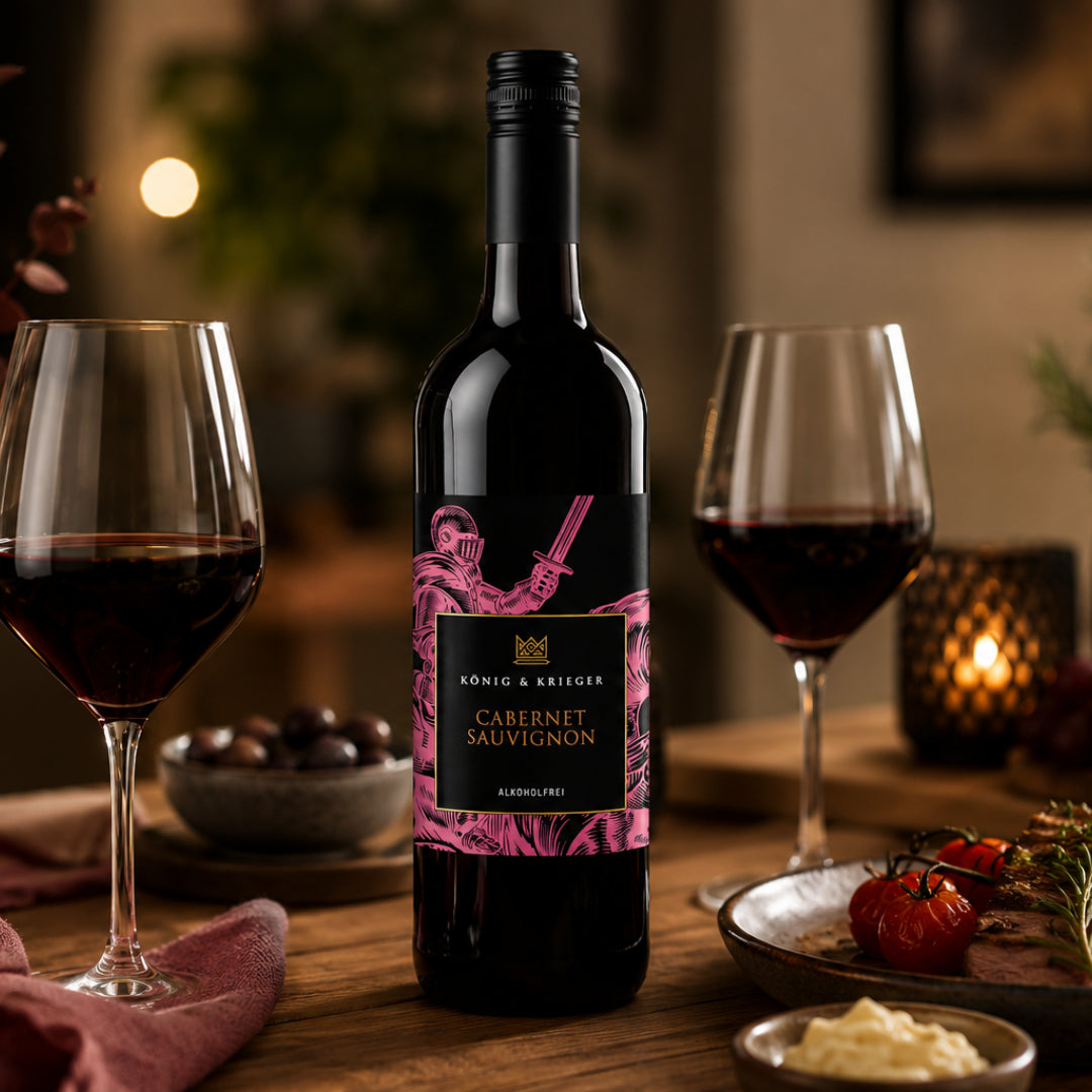 Alkoholfreier Cabernet Sauvignon im Glas mit gedecktem Tisch und warmem Abendlicht