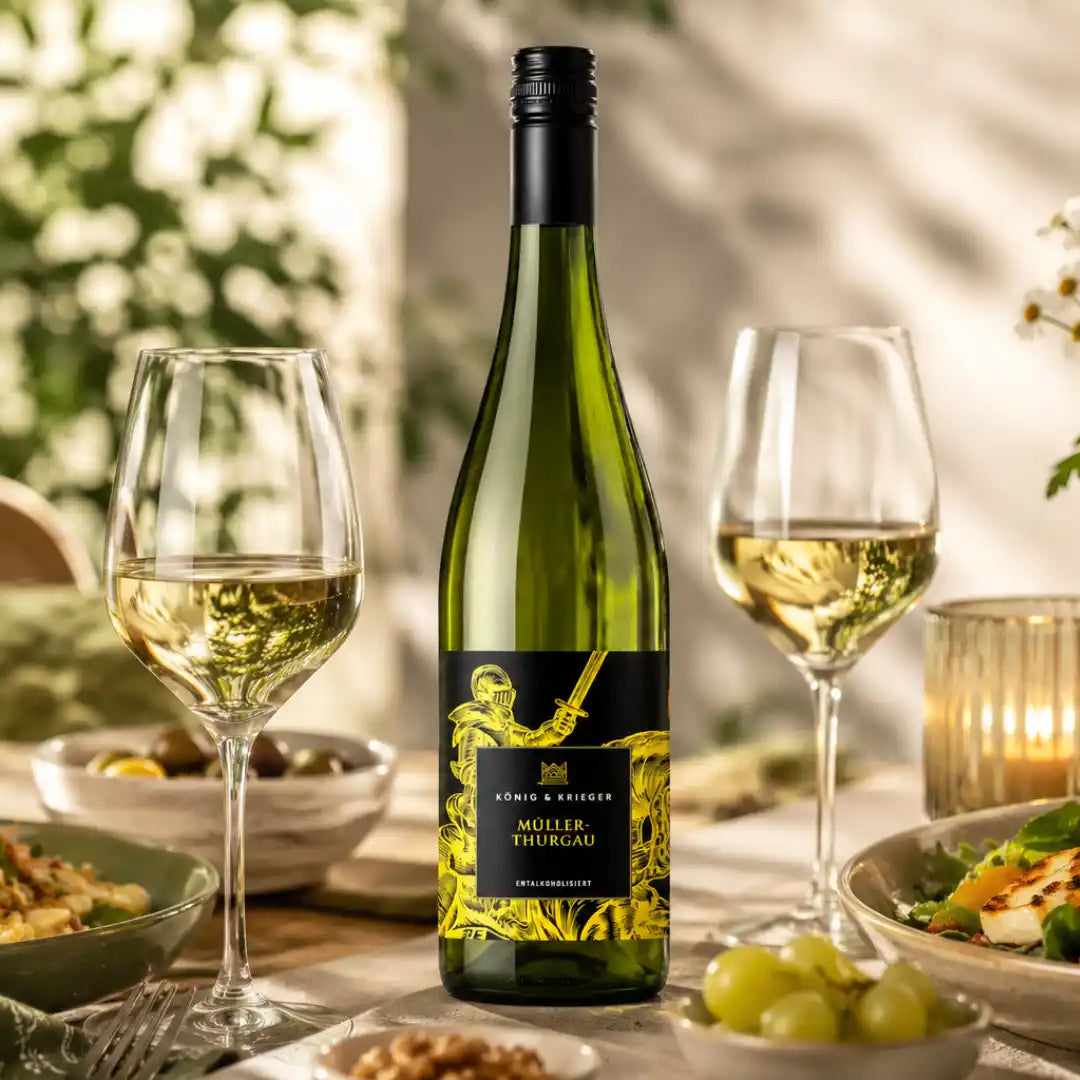 Weißwein ohne Alkohol stilvoll serviert mit Müller-Thurgau von König & Krieger beim Dinner