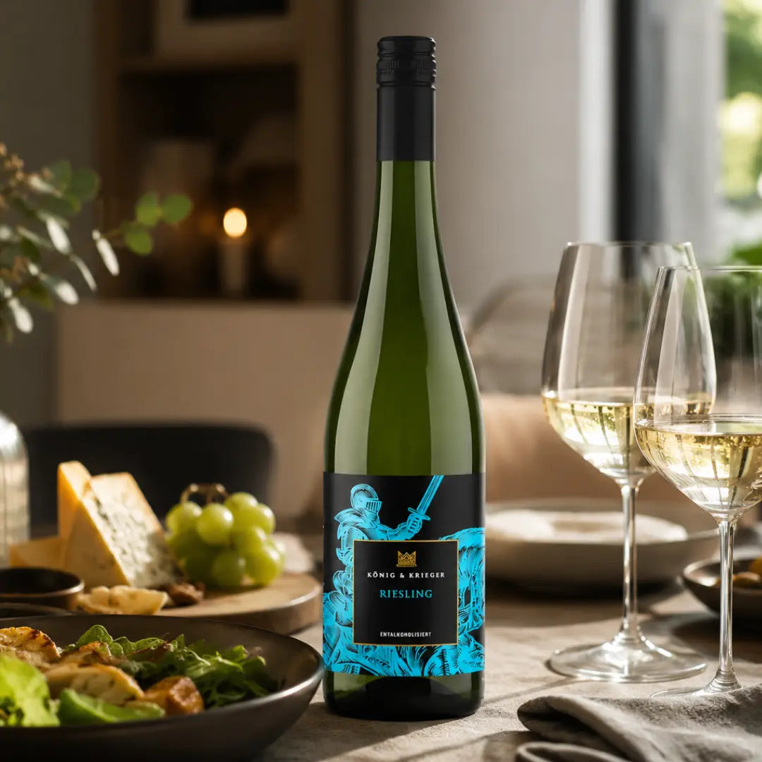 Alkoholfreier Riesling von König & Krieger mit Weißweingläsern und Speisen in gemütlicher Abendstimmung