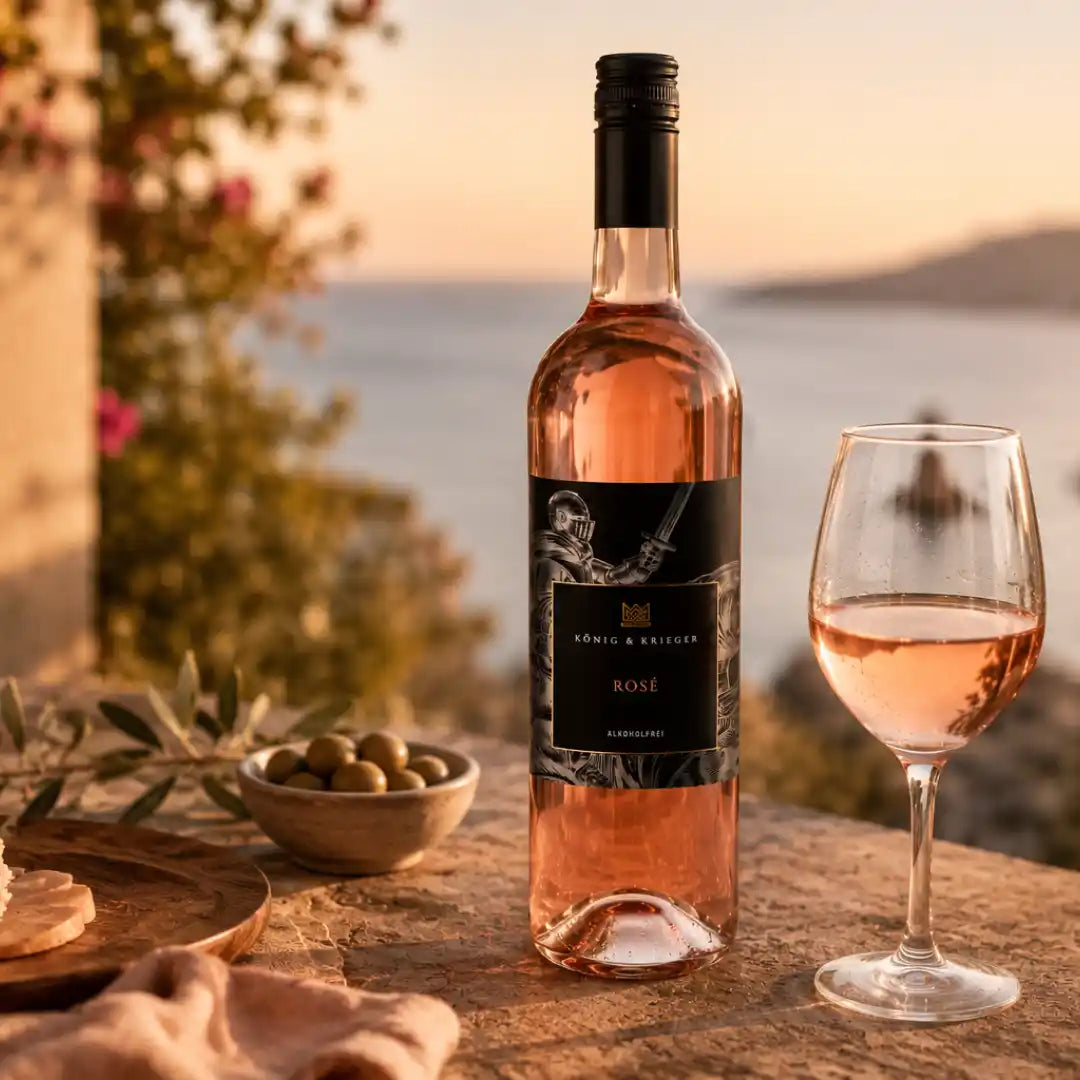 Alkoholfreier Rosé stilvoll serviert mit einem Glas Wein in entspannter Outdoor-Atmosphäre