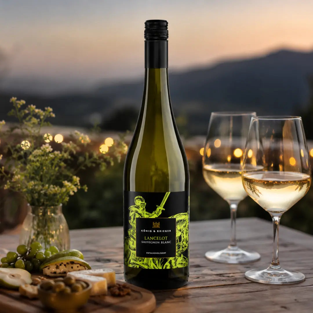 Alkoholfreier Sauvignon Blanc von König & Krieger auf gedecktem Tisch mit Weißweingläsern und Snacks in entspannter Abendstimmung