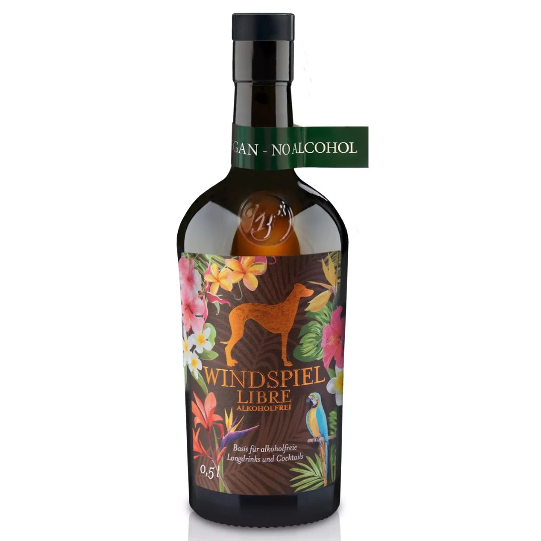 Windspiel Libre - alkoholfreie Basis für Longdrinks und Cocktails, Flasche mit floraler Etikette